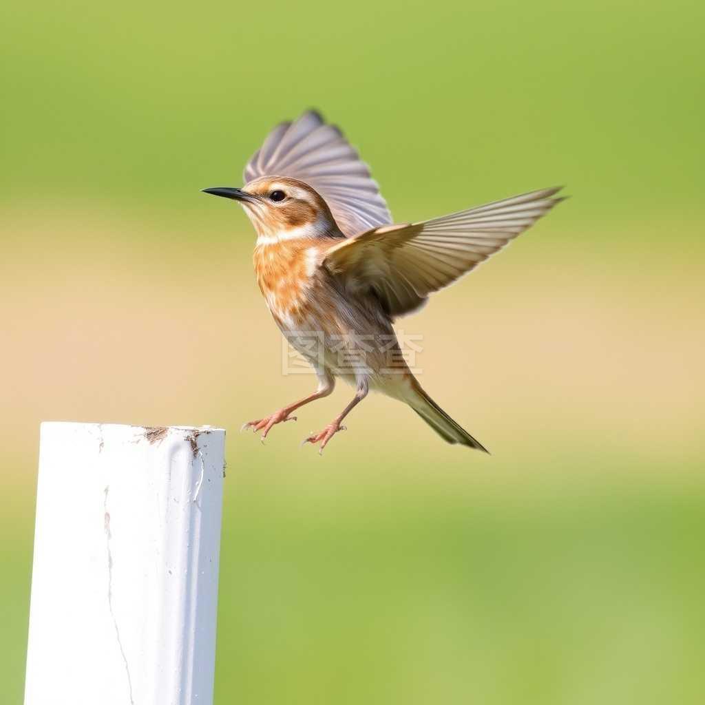 白嘴云雀在白柱上振翅